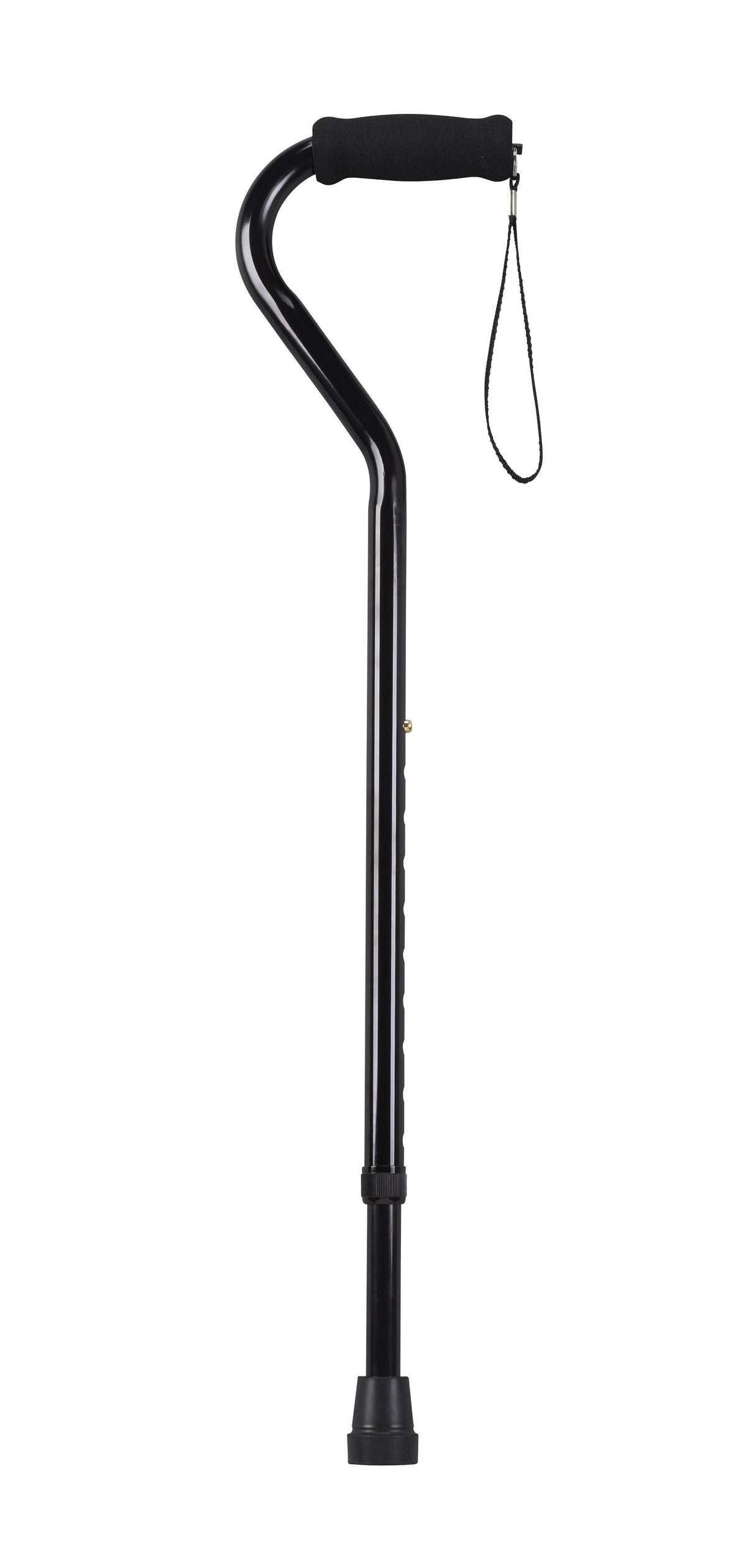 Foam grip offset handle walking cane in black with wrist strap, adjustable shaft, and rubber tip