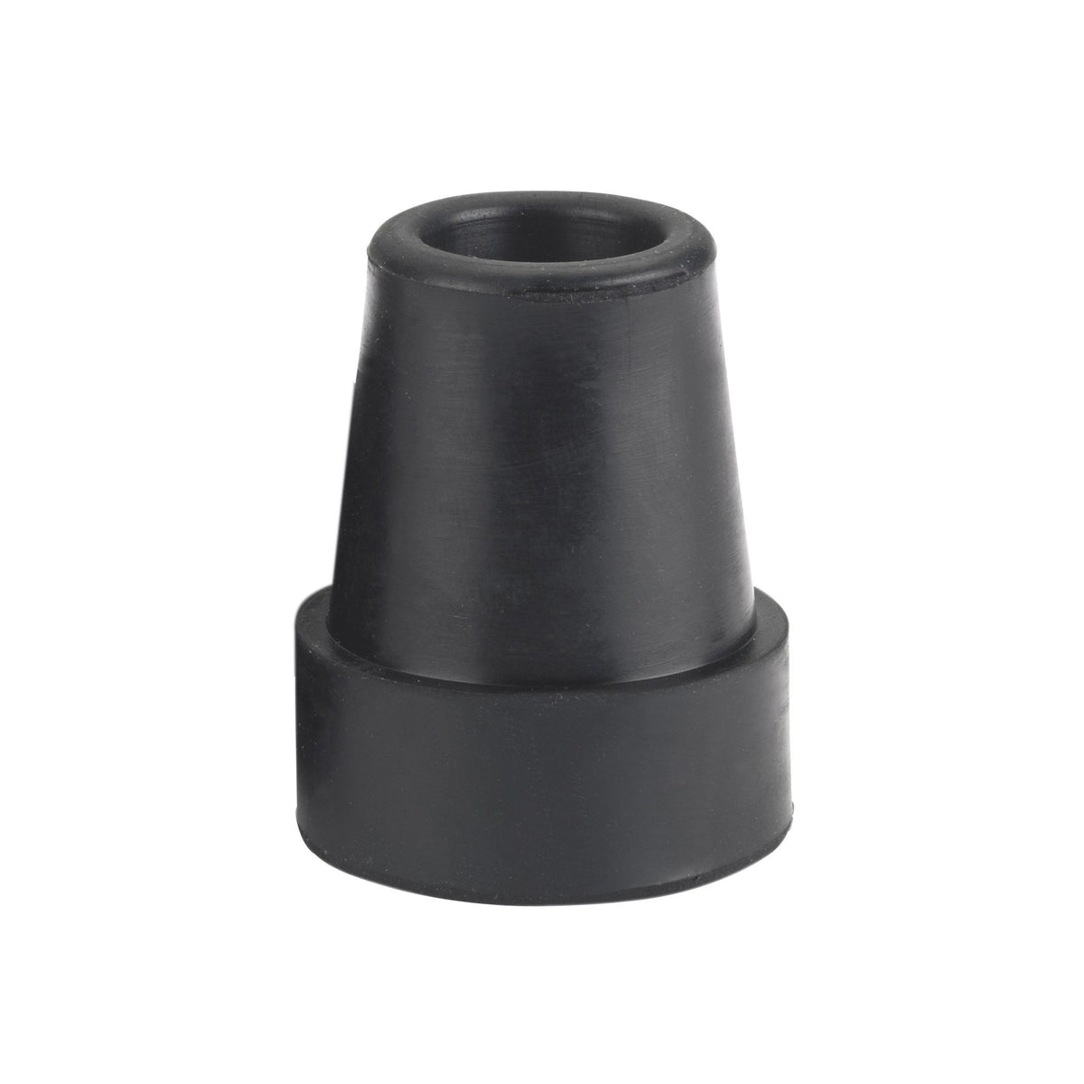 Cane tip replacement, black rubber with wide flared base and hollow opening, shown on white background
