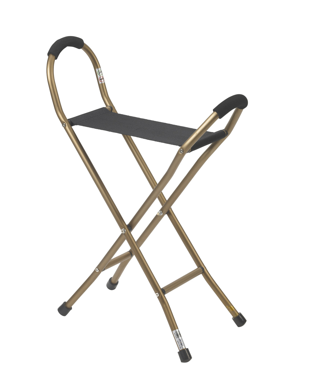 Folding cane with sling seat in bronze aluminum frame, black fabric seat, foam handle grips, and four rubber-tipped legs