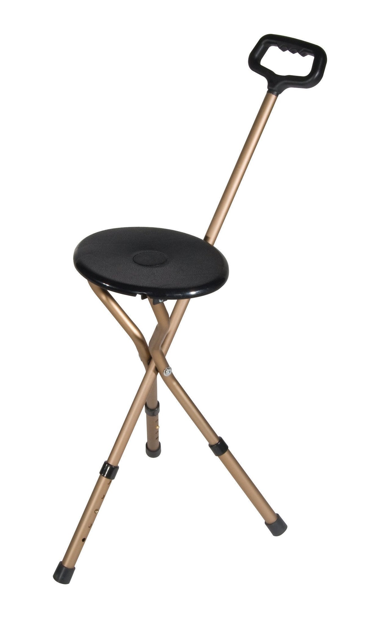 Folding cane seat with gold aluminum frame, black round seat, three-legged tripod base, and ergonomic black handle grip