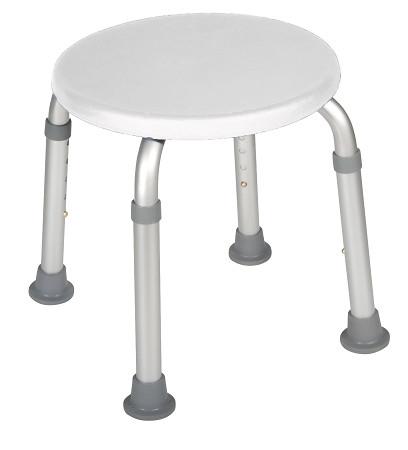 Bath stool with round white seat, four adjustable aluminum legs, and gray rubber non-slip feet tips