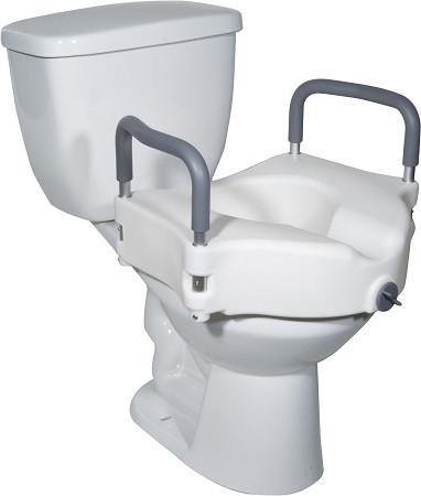 Raised toilet seat with removable padded armrests installed on a standard white toilet, shown from a front angle