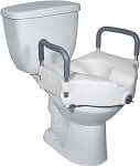 Raised toilet seat with removable padded armrests mounted on a white toilet