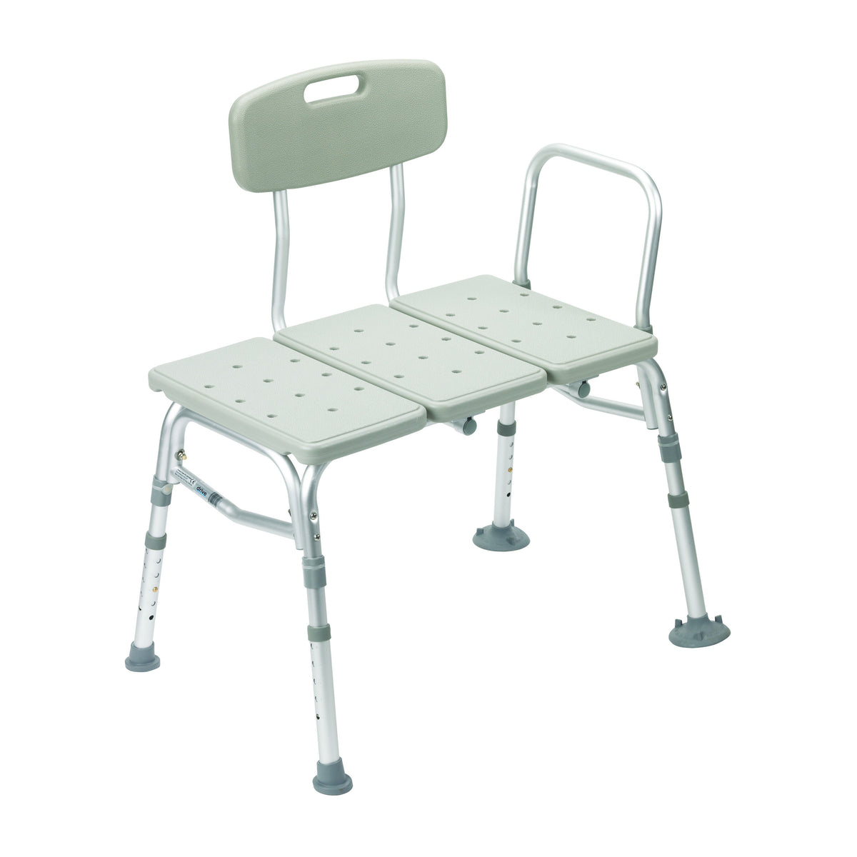 Transfer bench with three-piece plastic seat, backrest with carry handle, single armrest, and height-adjustable aluminum