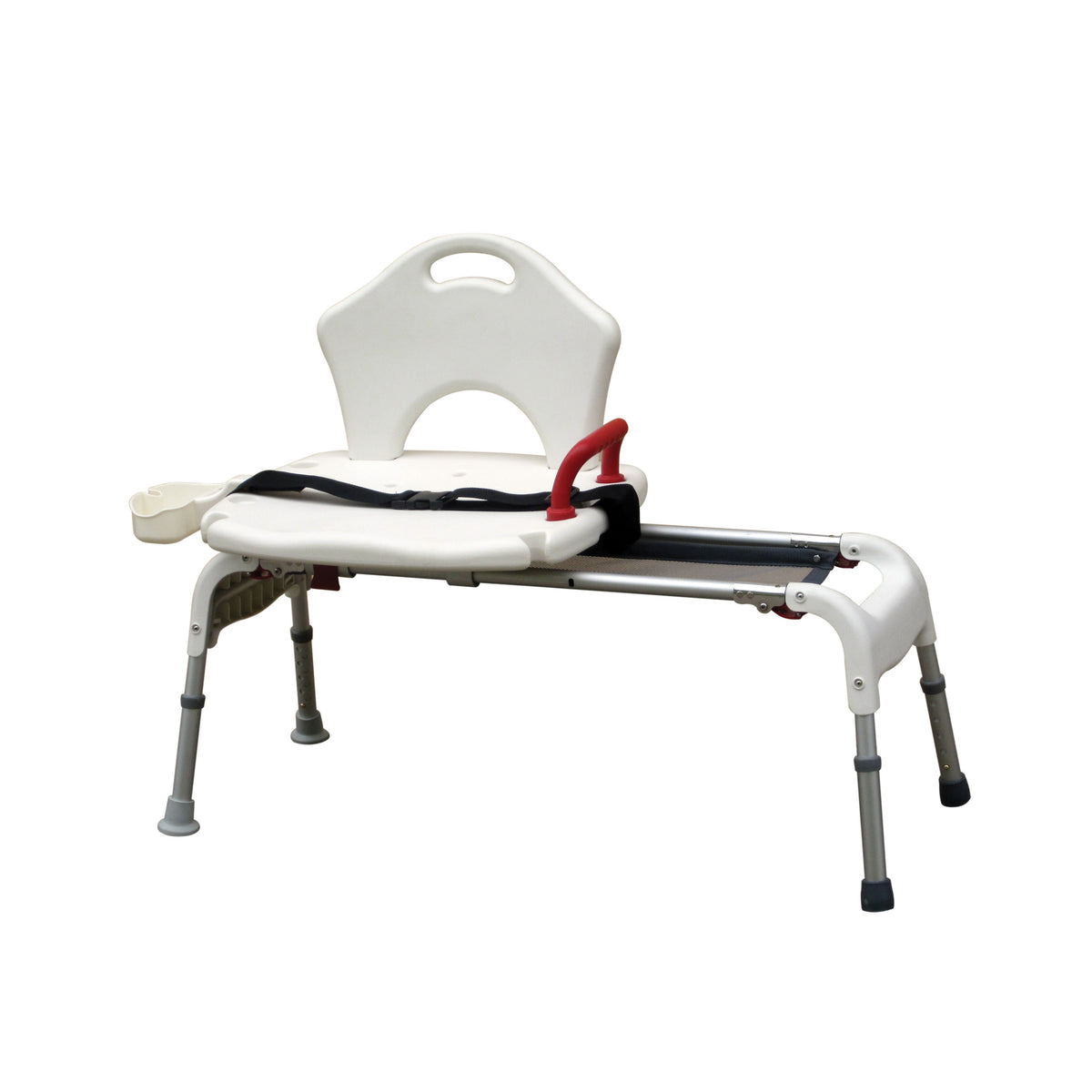 Folding sliding transfer bench with white plastic seat, cutout backrest, red safety handle, belt strap, and adjustable