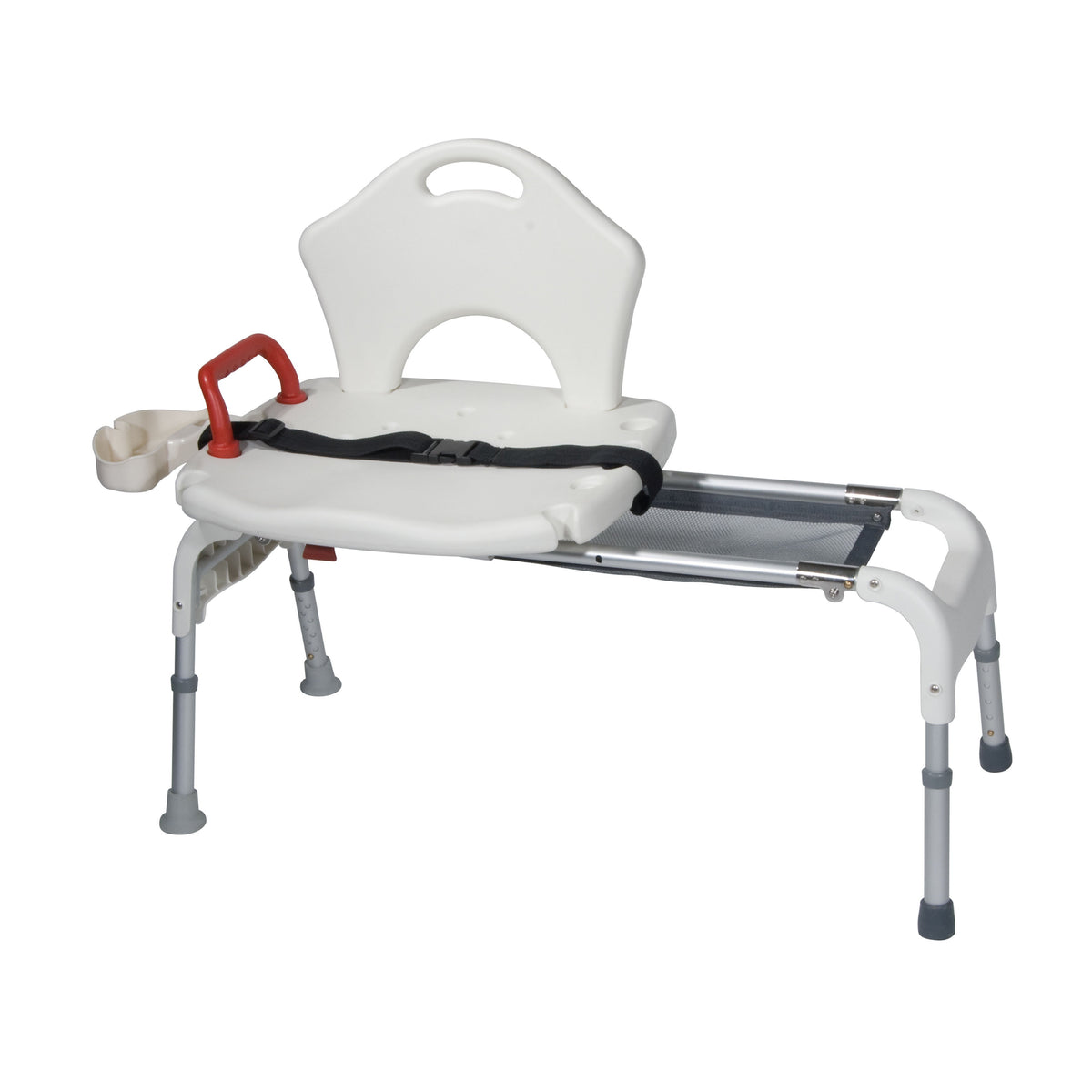 Folding sliding transfer bench with swivel seat, safety belt, red handle, cup holder, and adjustable aluminum legs on white
