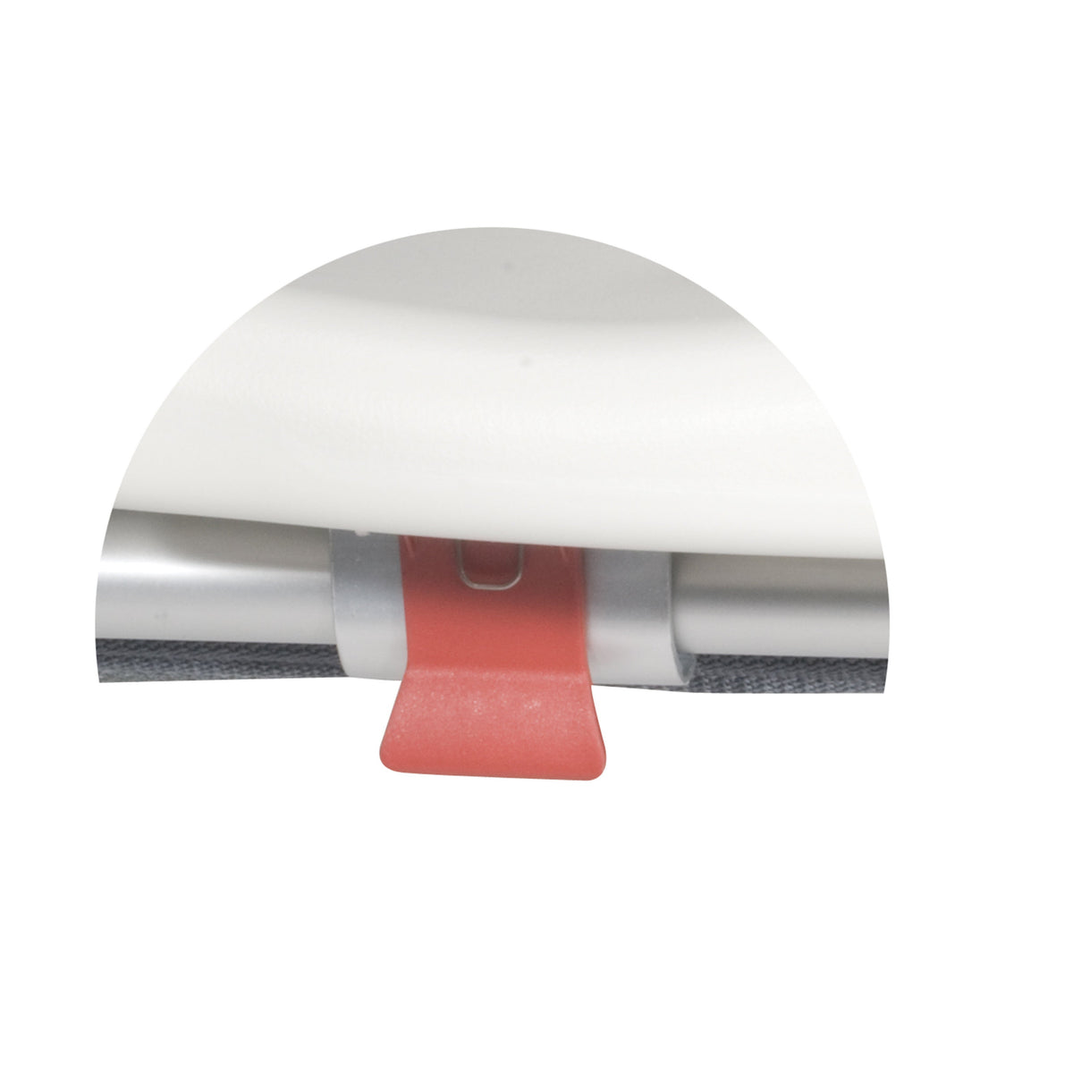 Transfer bench close-up showing the underside locking mechanism with a red release tab on a white seat with metal frame