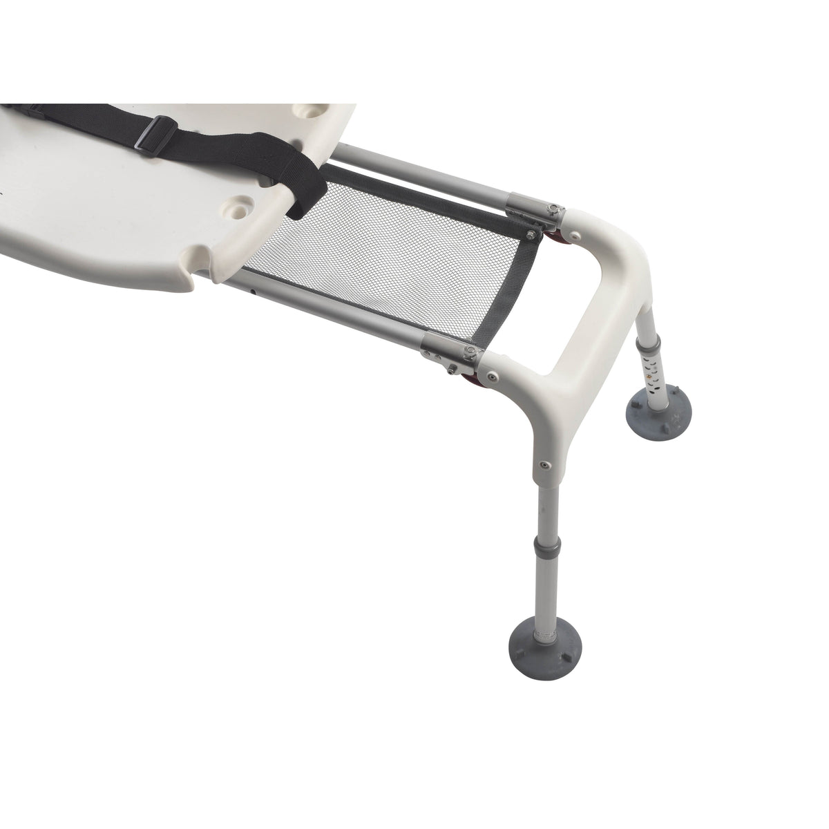 Folding sliding transfer bench showing underside frame with adjustable legs, suction cup feet, mesh panel, and safety strap
