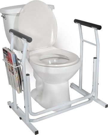 Stand alone toilet safety rail with padded grab handles and side magazine rack, shown installed around a white toilet