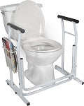 Stand alone toilet safety rail with adjustable armrests and side magazine pocket, shown mounted beside a white toilet