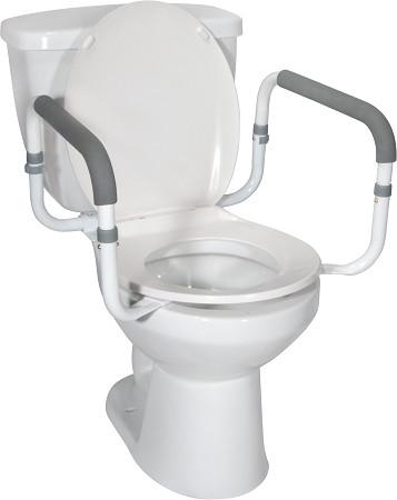 Toilet safety rail with padded gray armrests mounted on a white standard toilet, shown on white background