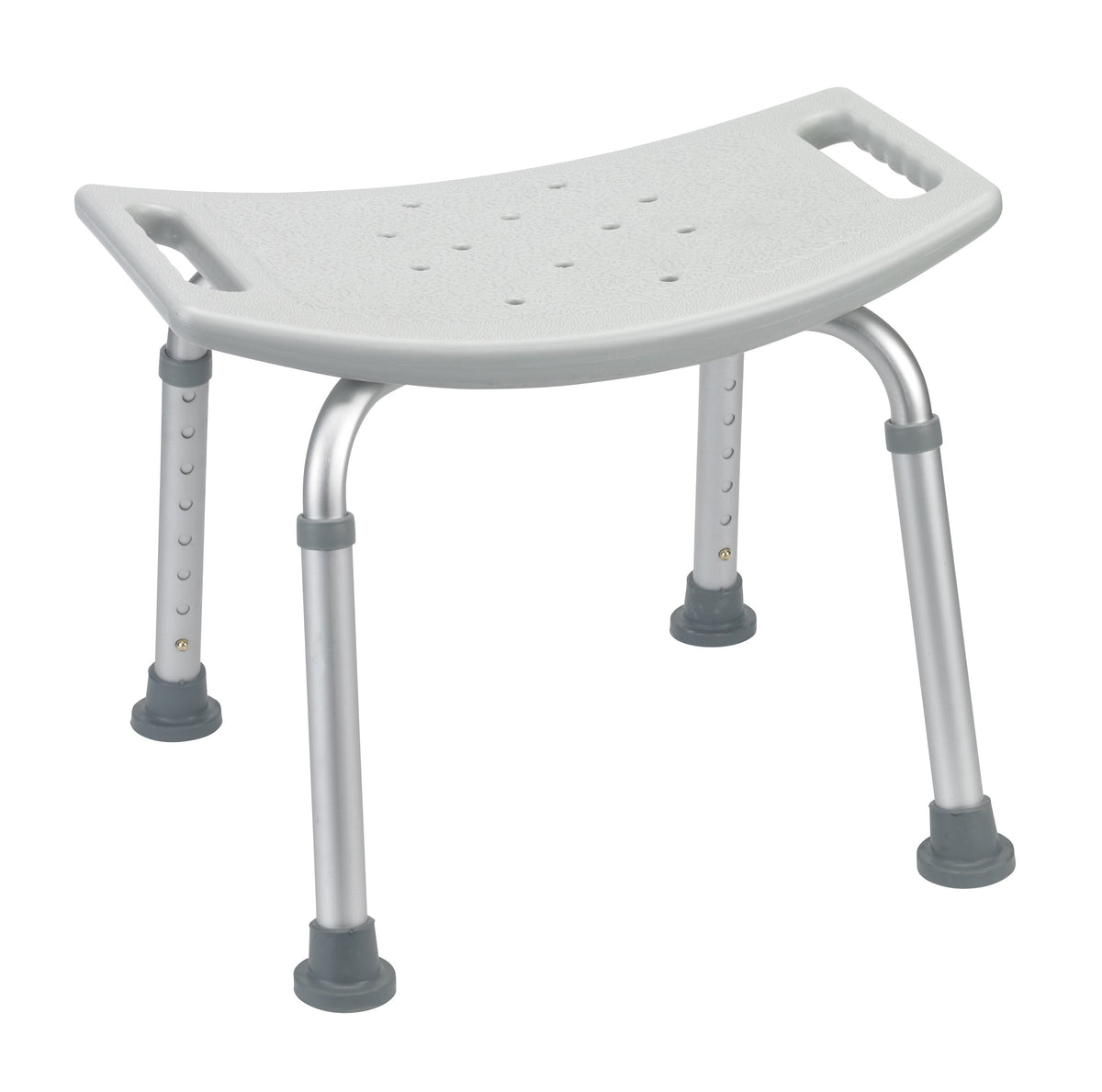 Shower bench with white plastic contoured seat, drain holes, side handles, and four adjustable aluminum legs with non-slip