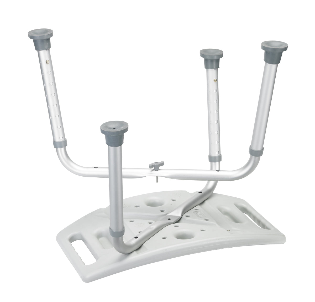 Shower tub bench chair frame with aluminum adjustable legs, gray rubber tips, and white molded plastic seat base with