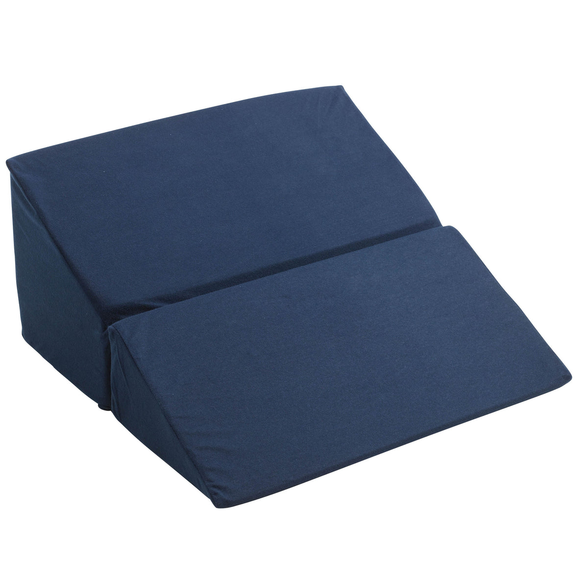 Folding bed wedge pillow in navy blue fabric cover, shown unfolded at an angle on white background