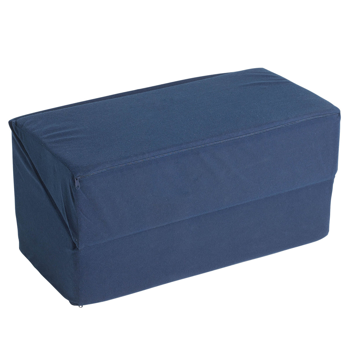 Folding bed wedge cushion in navy blue fabric cover with zipper closure, rectangular block shape shown flat