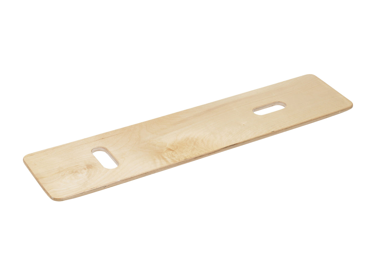 Bariatric transfer board made of natural wood with two cut-out hand holes, shown on white background