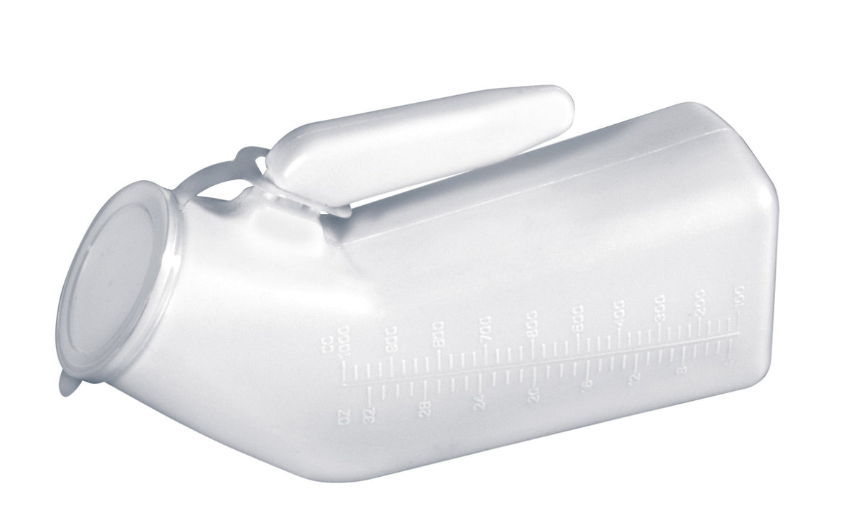 Male urinal, translucent plastic with handle, measurement markings, and snap-on lid, shown on white background