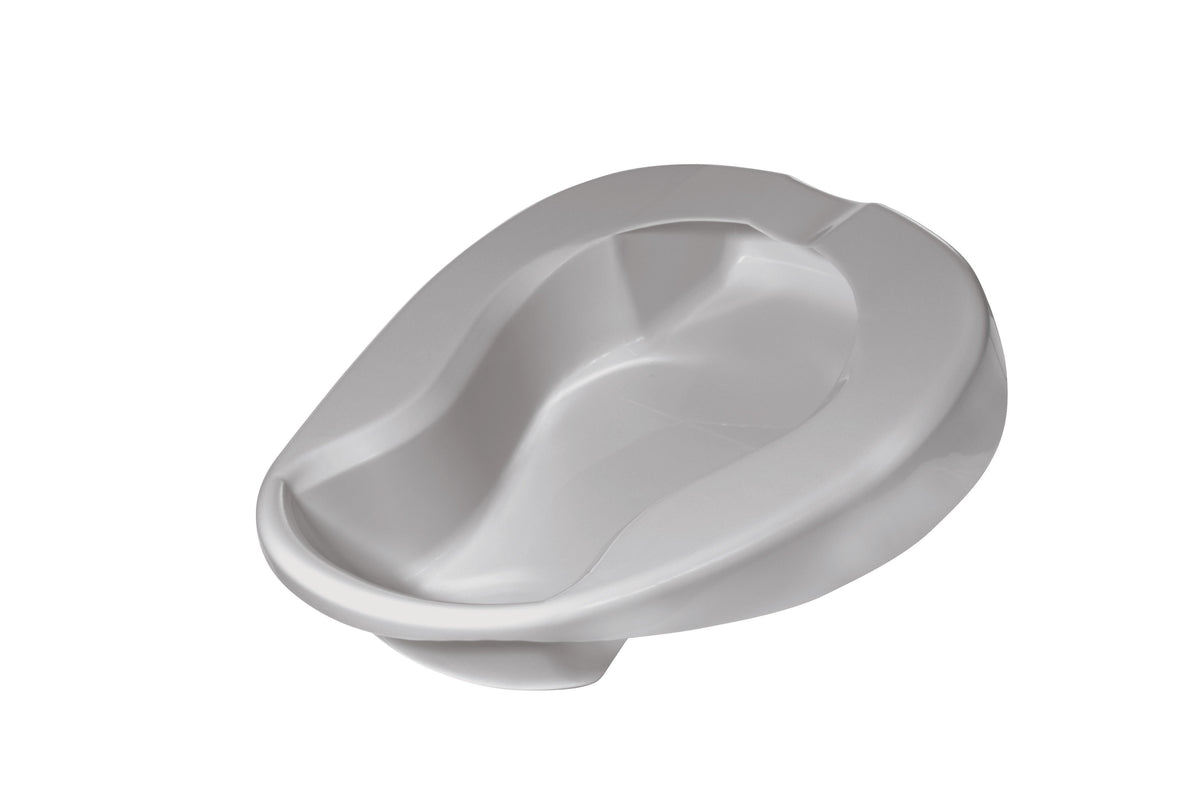 Contoured bed pan in light gray plastic with smooth interior basin and ergonomic shape, shown on white background