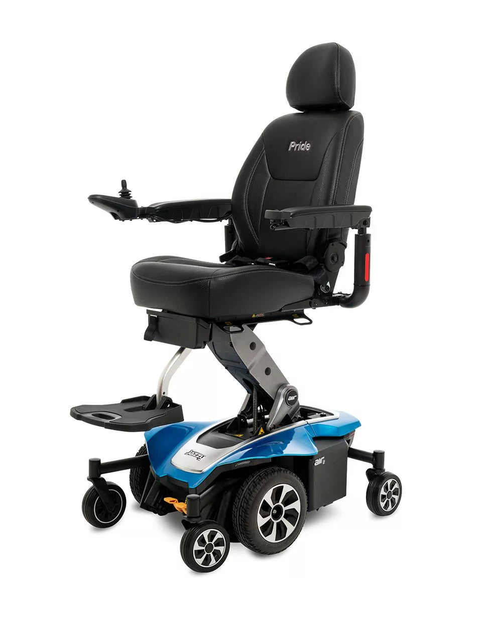 Pride Jazzy Air 2 power wheelchair with elevated black seat, joystick controller, and blue base on six wheels, white