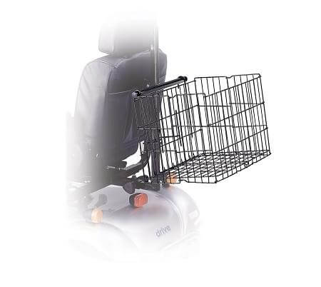 Scooter basket with black wire construction mounted to the rear of a power mobility scooter seat