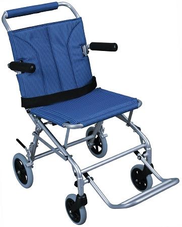 Lightweight folding transport wheelchair with blue striped upholstery, flip-back arms, silver frame, and small wheels