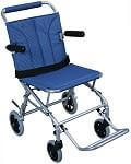 Folding transport wheelchair with blue upholstery, flip-back arms, and small front and rear wheels