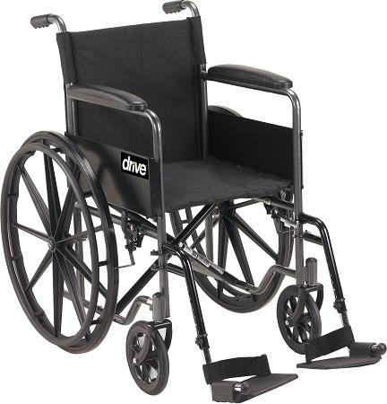 Wheelchair with full arms, swing-away removable footrests, silver frame, black upholstery, and large rear wheels with Drive