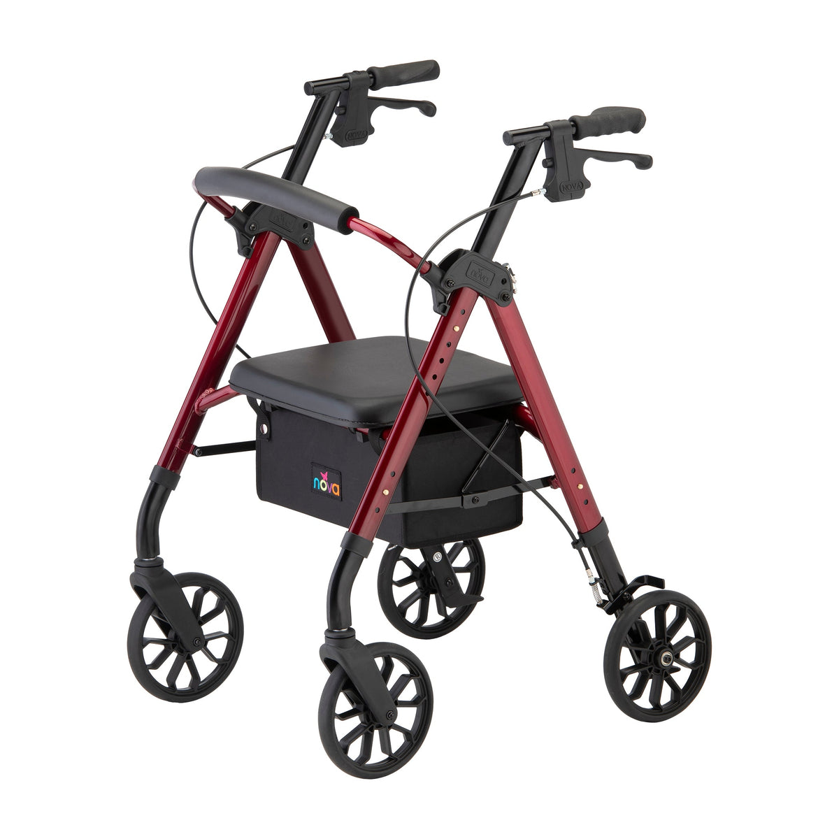 Rollator walker with red frame, black padded seat, hand brakes, under-seat bag, and four large black wheels