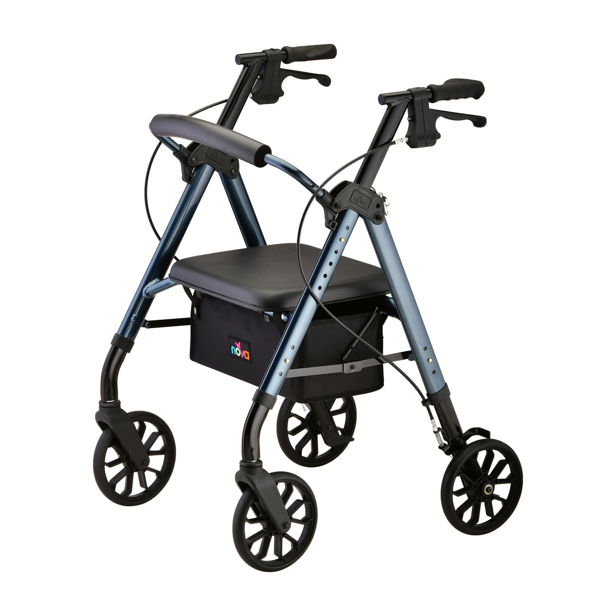 Rollator walker with blue frame, padded seat, loop hand brakes, under-seat bag, and large black wheels