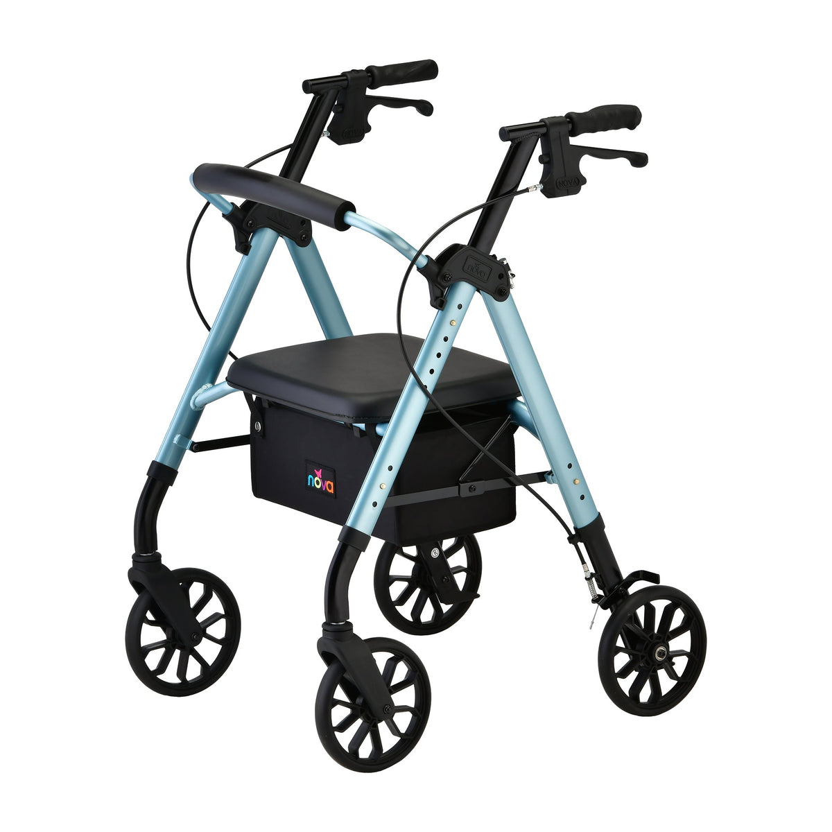 Rollator walker with light blue frame, padded seat, loop-lock hand brakes, underseat bag, and four large black wheels