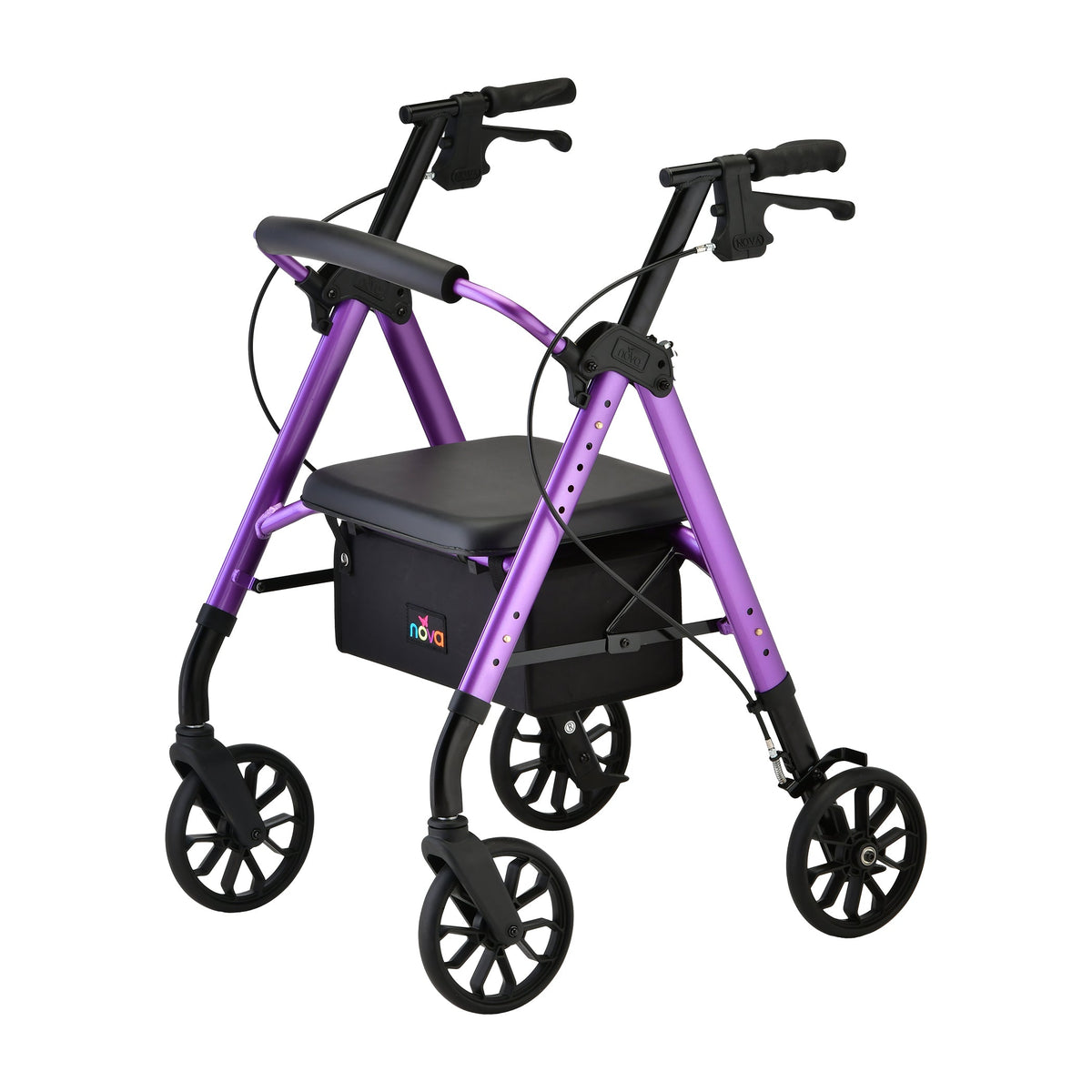 Rollator walker with purple frame, padded seat, hand brakes, storage bag, and four black wheels