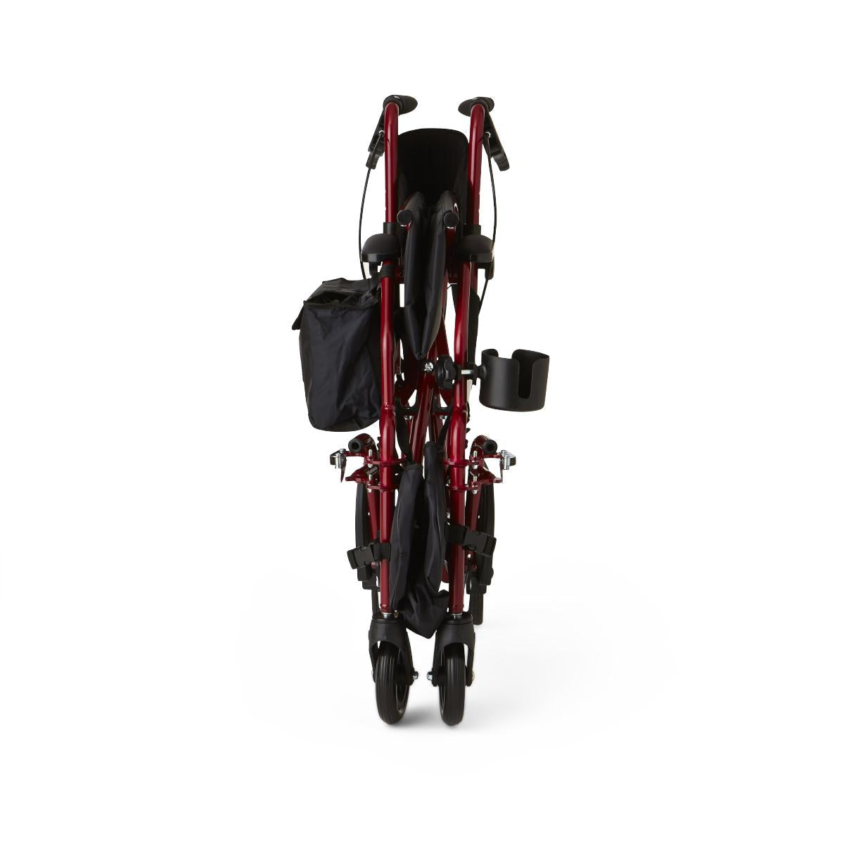 Rollator transport chair with red frame shown folded, featuring cup holder, storage bag, and loop-lock brakes