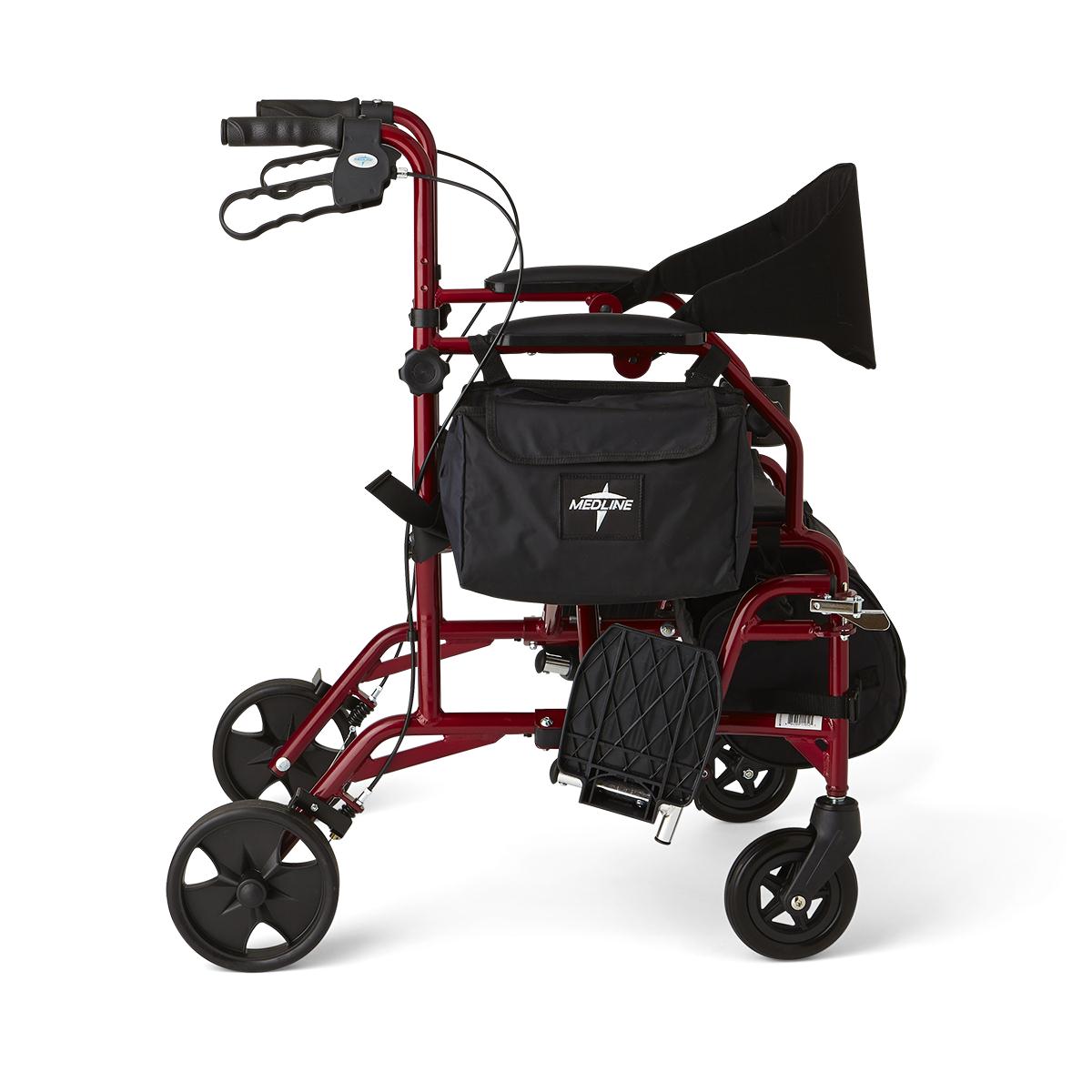 Rollator transport chair combo with red frame, hand brakes, black padded seat, footrests, storage bag, and four wheels