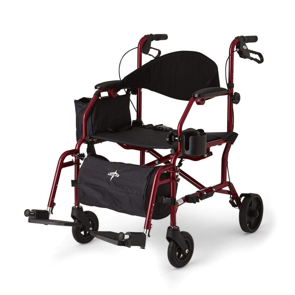 Rollator transport chair with red frame, black padded seat and backrest, hand brakes, footrests, storage bag, and cup holder