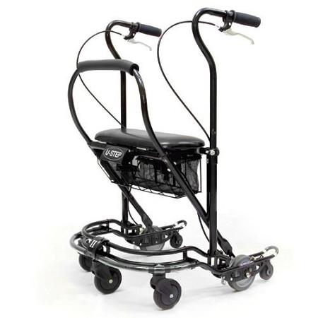 U-Step II Stabilizer Walker with black frame, padded seat, hand brakes, front basket, and multiple small wheels on white