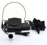 Portable voice amplifier with headset microphone, waist clip speaker, and accessories on white background