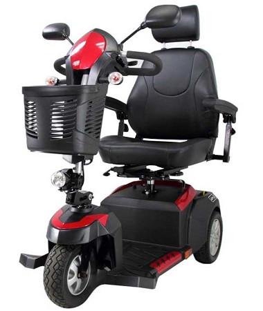 Ventura 3-wheel mobility scooter in red and black with captain's seat, headrest, armrests, front basket, and headlight