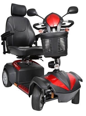 Power mobility scooter with four wheels, red and black body, captain's seat, dual mirrors, and front storage basket
