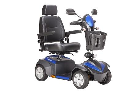 Power scooter with four wheels, high-back captain's seat, tiller handlebars, front basket, and blue accents